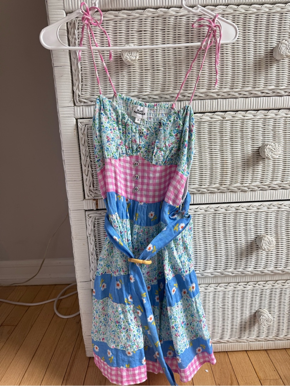 Place Nationale Floral Patchwork Mini Dress with Pink Tie Straps